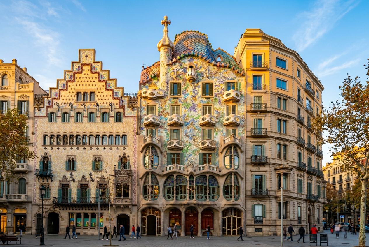 Casa Batlló facade in Barcelona, designed by Antoni Gaudí featuring skeletal balconies and colorful mosaics