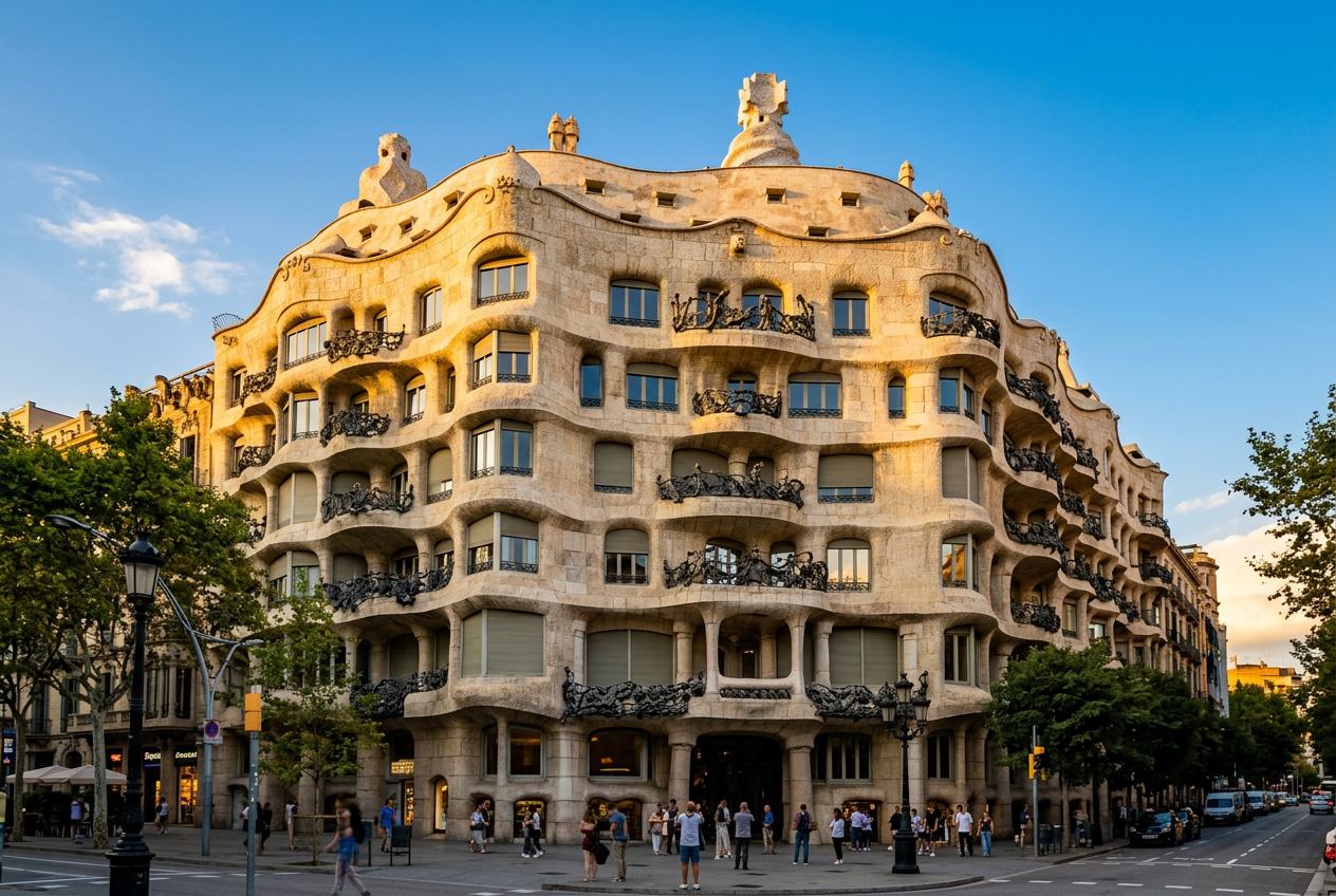 Casa Milà (La Pedrera) in Barcelona, designed by Antoni Gaudí featuring undulating stone curves